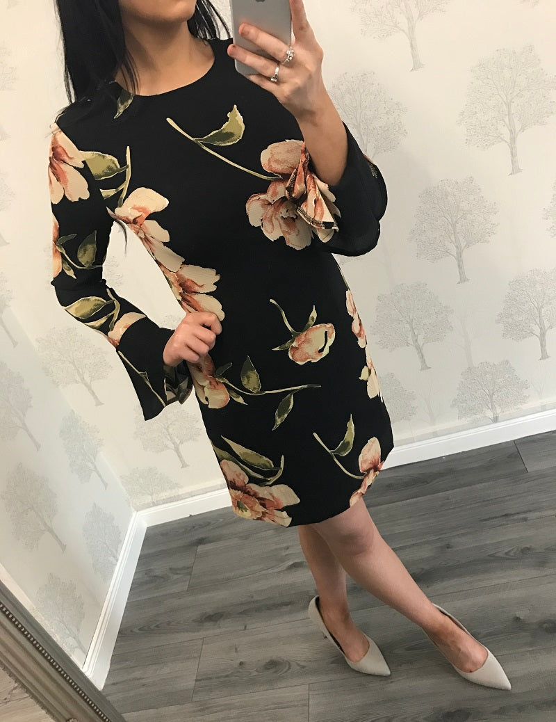 Nicola Black Floral Flare Sleeve Dress